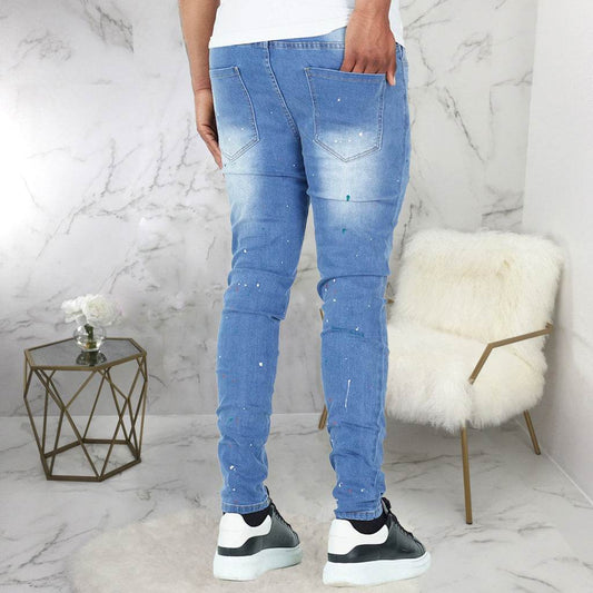 Trendy Splash-Ink Skinny Men's Jeans - Light Blue Low Waist Style - Buy Center