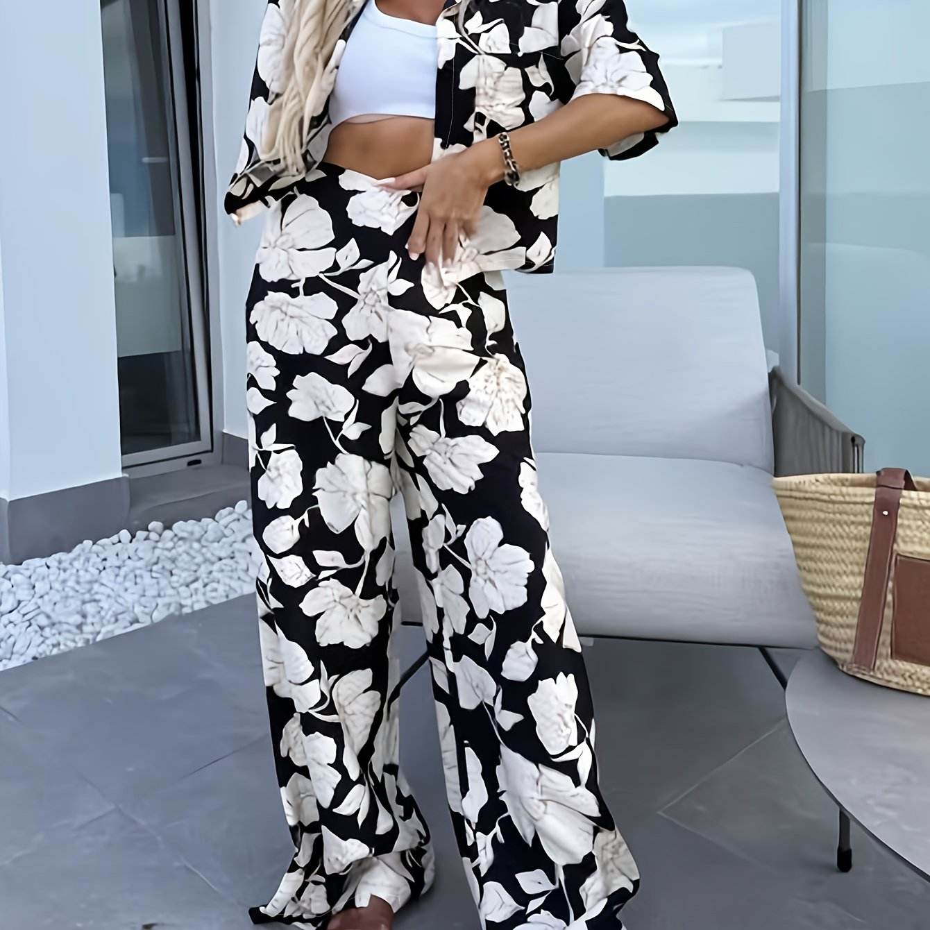 Elegant Women's Summer Floral Shirt & Pants Set - 2pcs - Buy Center