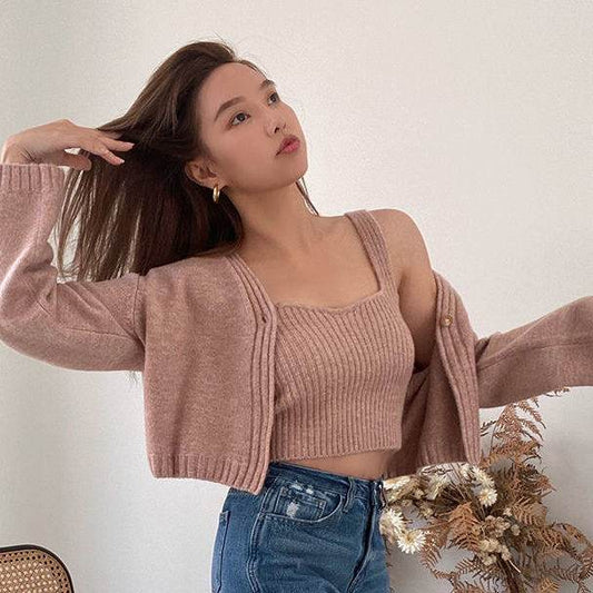 Buycenter V-Neck Solid Color Sweater Suit - Korean Style for Autumn & Winter - Buy Center