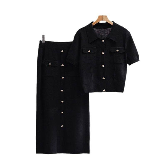 Women's 3D Pattern Polo Sweater & Skirt Set - Stylish Modern Outfit - Buy Center