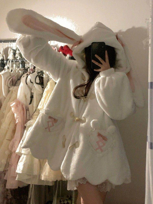 Cute Cashmere Hoodie Coat with Rabbit Ears - White, Stylish & Cozy - Buy Center