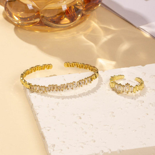 Fashionable Women's Bracelet & Ring Set - Irregular Cubic Zirconia Design - Buy Center