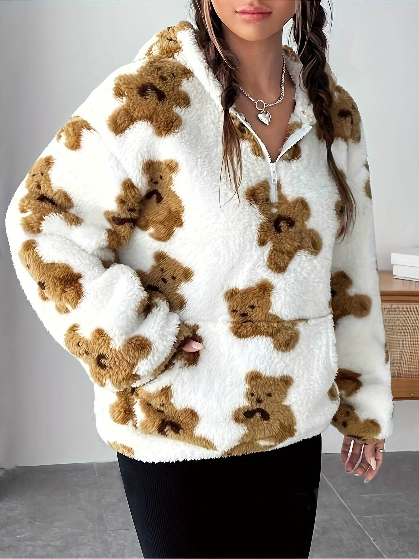 Buycenter Women's Casual Bear Printed Plush Hoodie - Loose Fit, White - Buy Center