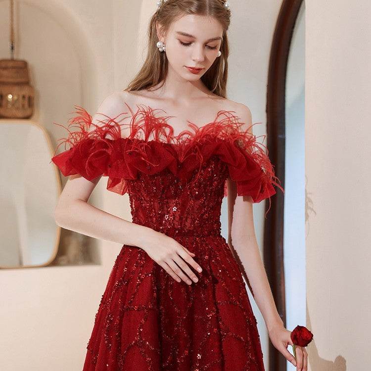 Buycenter Off-Shoulder Evening Dress - Beaded High Waist Design - Buy Center