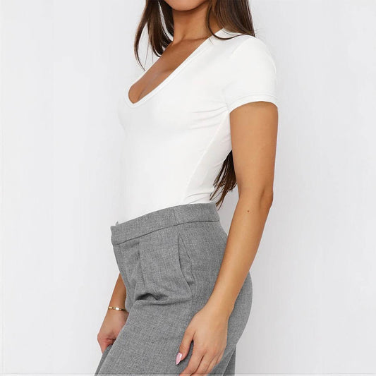 Buycenter Women's Slim Fit V-neck Blazer - Short Sleeve Top in White - Buy Center