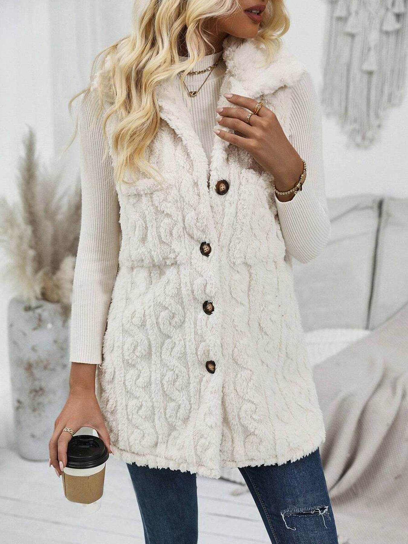 Double-Sided Plush Pocket Cardigan Vest - Trendy Women's Casual Jacket - Buy Center