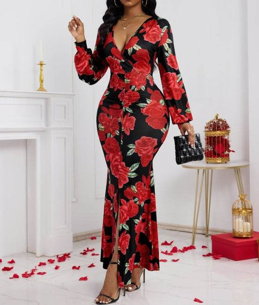 Ladies' V-neck Floral Dress - Trendy Hip Hugging Fit for Summer Style - Buy Center