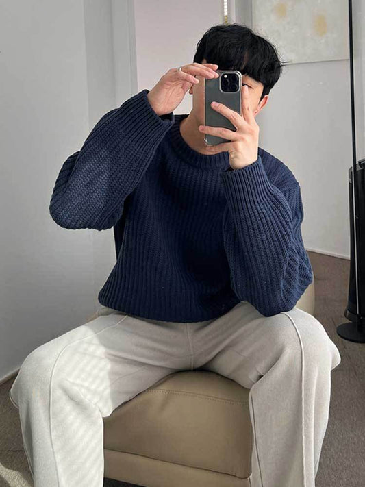 Buycenter Men's Round Neck Sweater - Dark Blue, Comfortable Fit - Buy Center