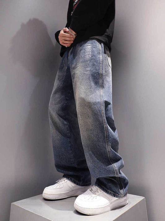 Washed-out Vintage Men's Loose Jeans - Dark Blue, Straight Fit for Comfort - Buy Center