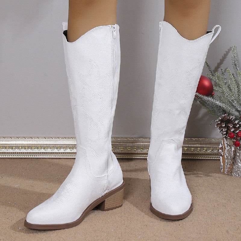 Buycenter Women's Chunky Heel Boots - Embroidered Round Head Design - Buy Center