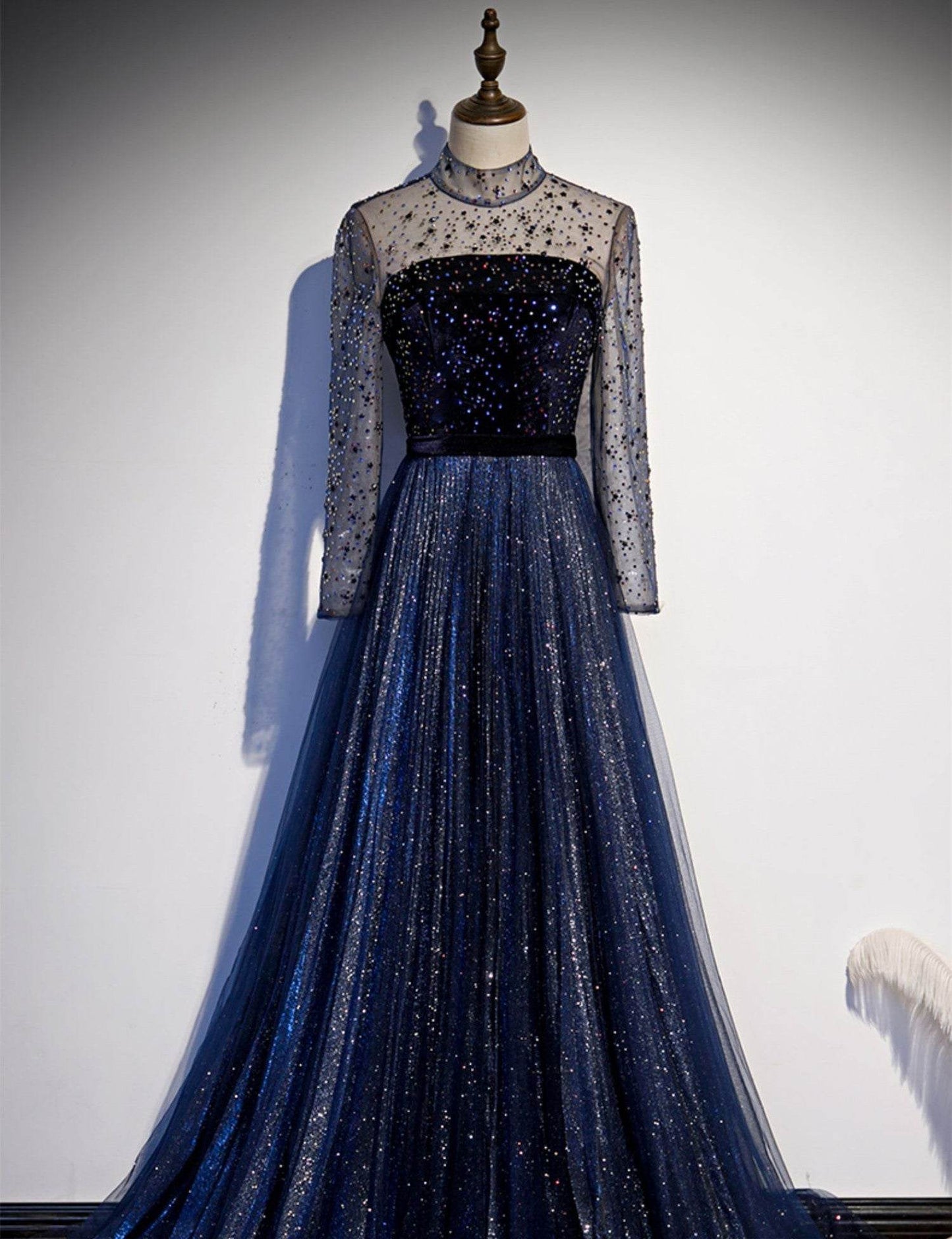 High-End Celebrity Long Tail Dress - Navy Blue Sequin Evening Gown - Buy Center