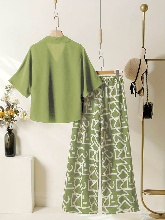 Elegant Women's Commuter Set - Batwing Sleeve V-Neck Top & Pants - Buy Center