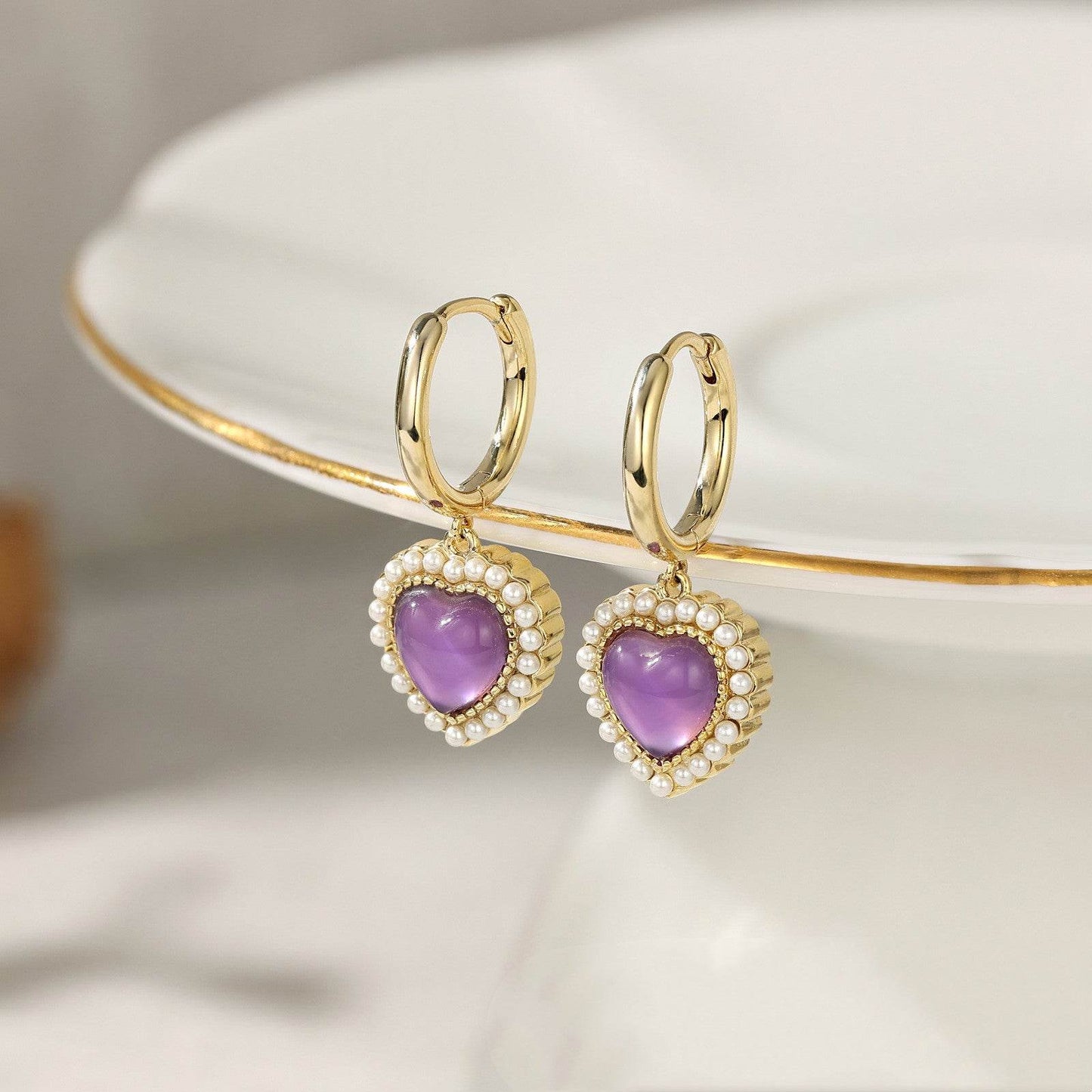 French Purple Crystal Heart Stud Earrings - Elegant Gold Copper Design - Buy Center