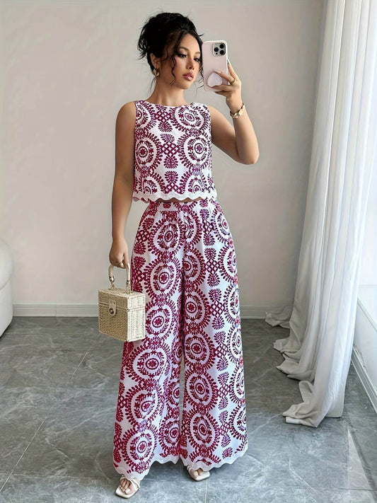 Elegant Women's 2pcs Set - Plant Pattern Top & Pants for All Seasons - Buy Center