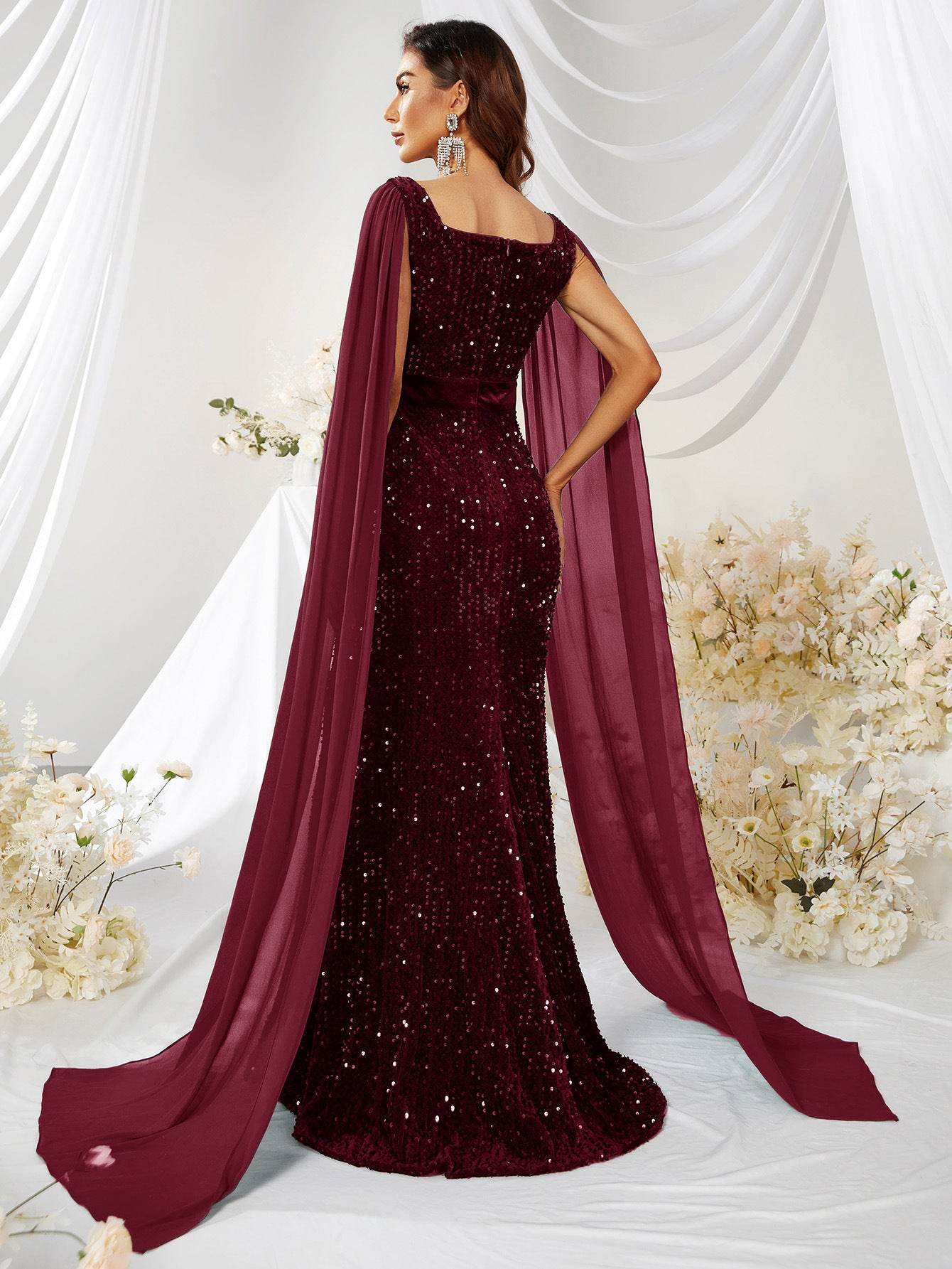 Buycenter Sequin Mesh Fishtail Dress - Elegant Wine Red Evening Skirt - Buy Center
