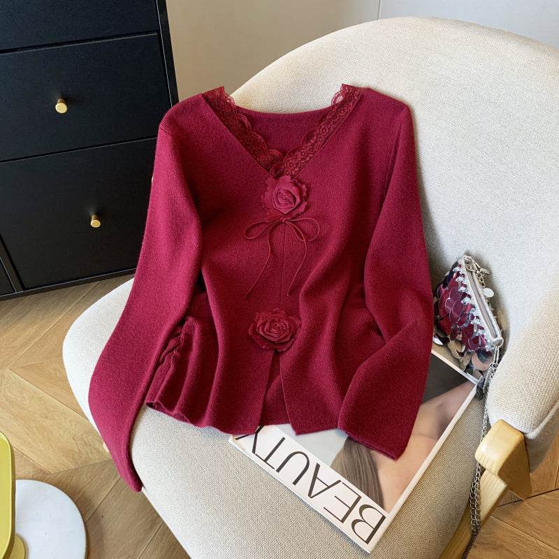 Buycenter Women's Lace V-neck Long Sleeve Knitwear - Slim Fit Pullover - Buy Center