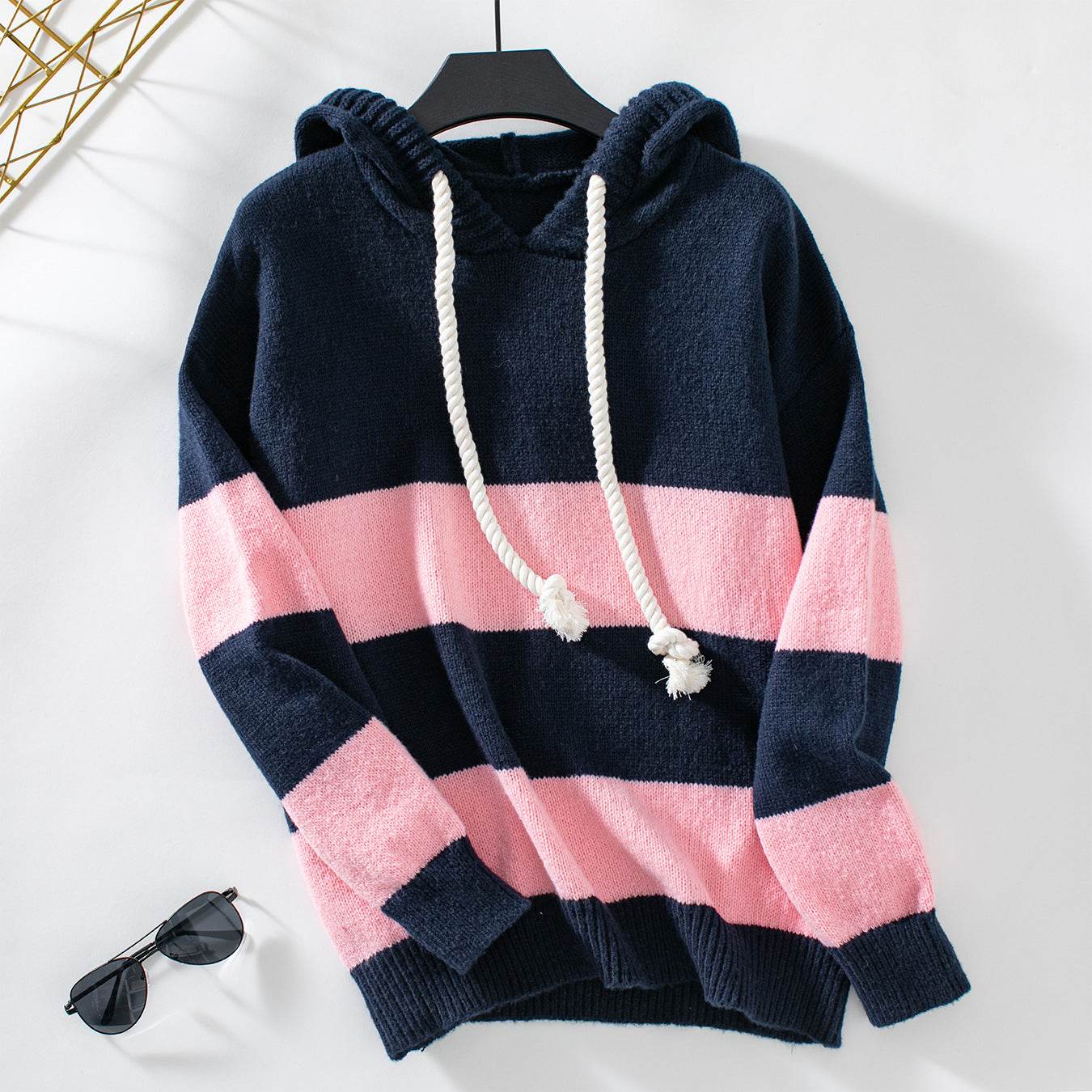 Stylish Hooded Pullover Sweater for Women - Trendy Color Contrast Design - Buy Center