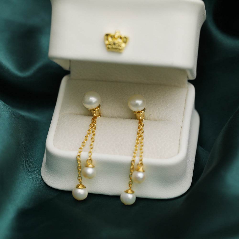 Natural Pearl Long Tassel Earrings - 14K Gold Accent, Korean Style - Buy Center