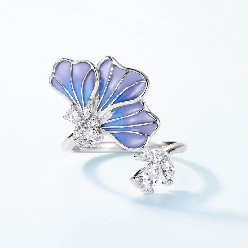 Women's Gradient Oil Dripping Petal Ring - Elegant Silver Flower Design - Buy Center