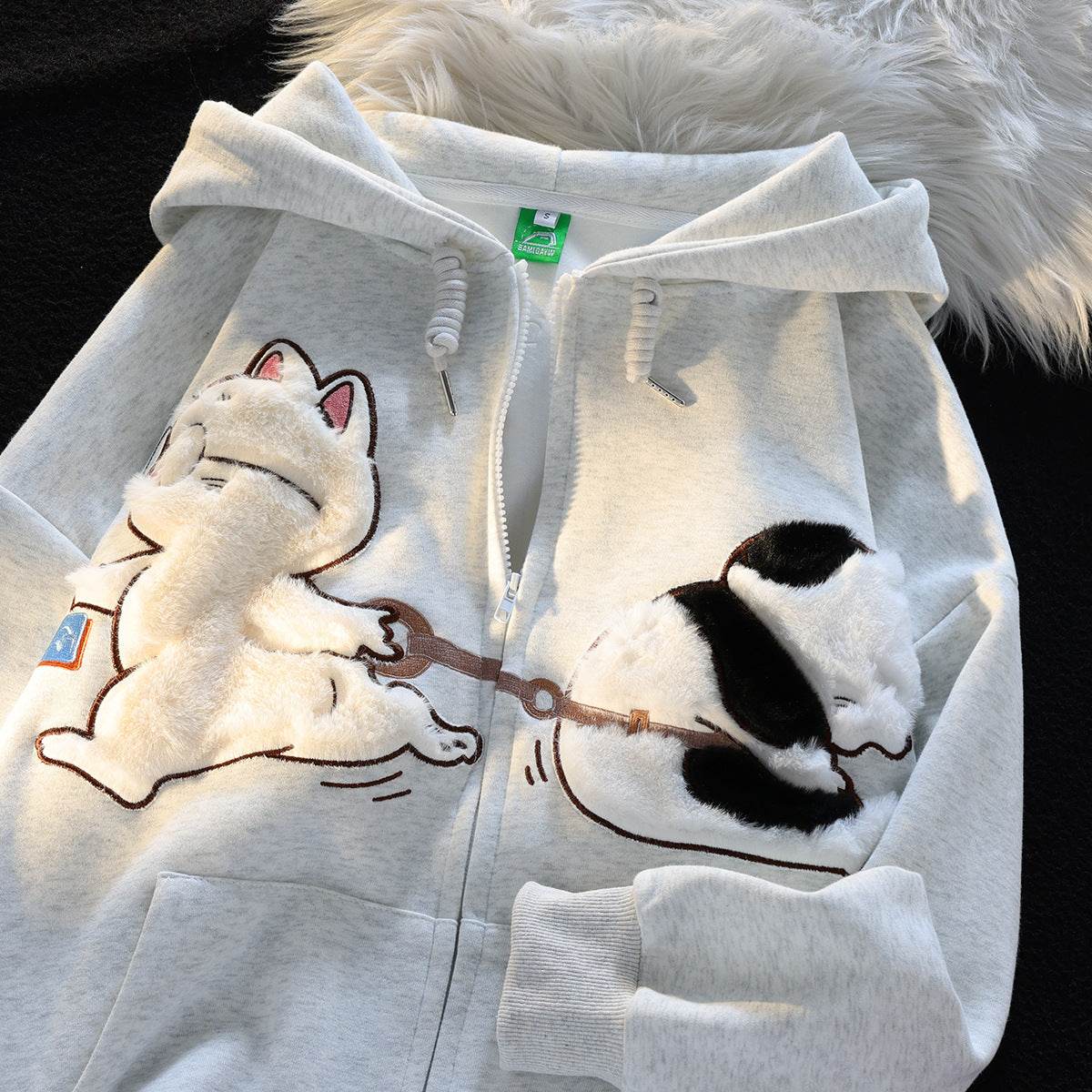Cartoon Cat Zipper Sweater for Women - Casual Loose Fit Hoodie in Apricot - Buy Center