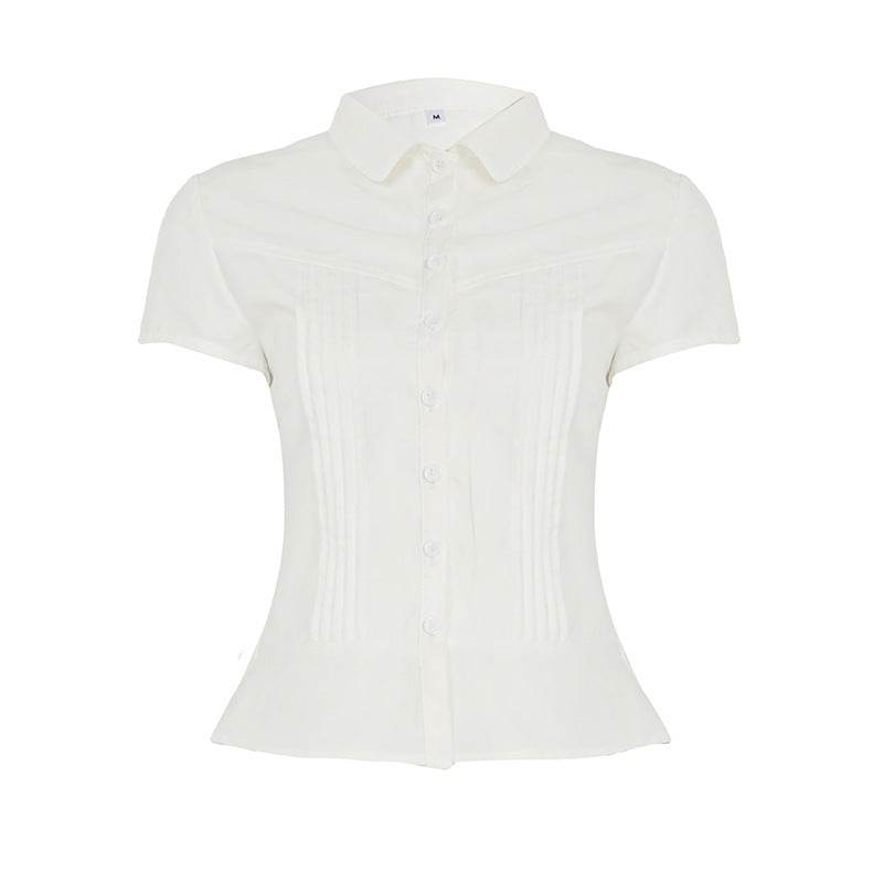 Buycenter Pleated Lapel Blouse - Short Sleeve Girls' Top in Pink & White - Buy Center