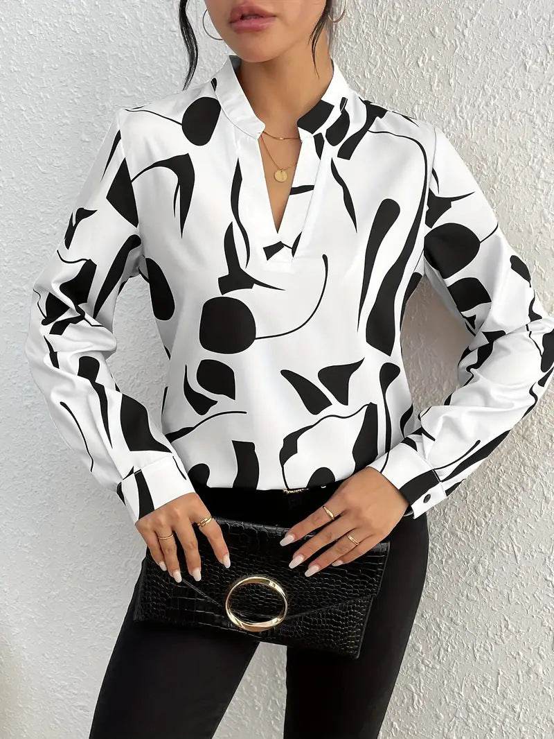 Buycenter Women's Notched Collar Long Sleeve Shirt - Printed Blouse - Buy Center