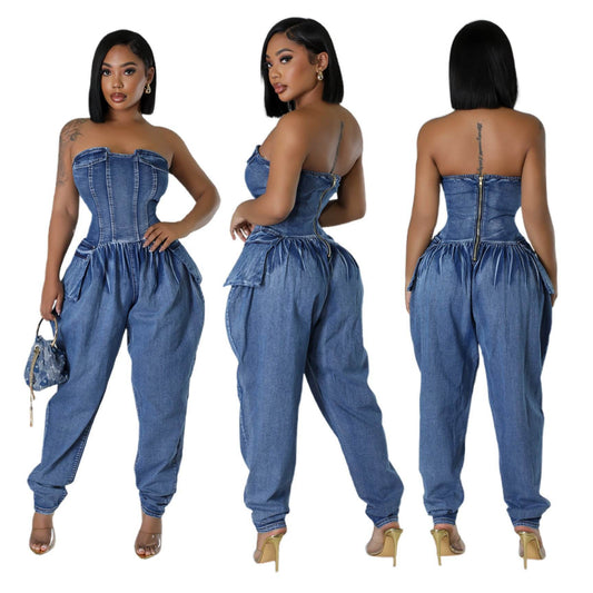 Women's High Elastic Denim Jumpsuit - Fashion Tube Top Romper 2025 - Buy Center