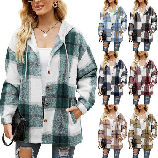 Ladies Plaid Hooded Coat - Casual Stylish Jacket for Urban Women - Buy Center