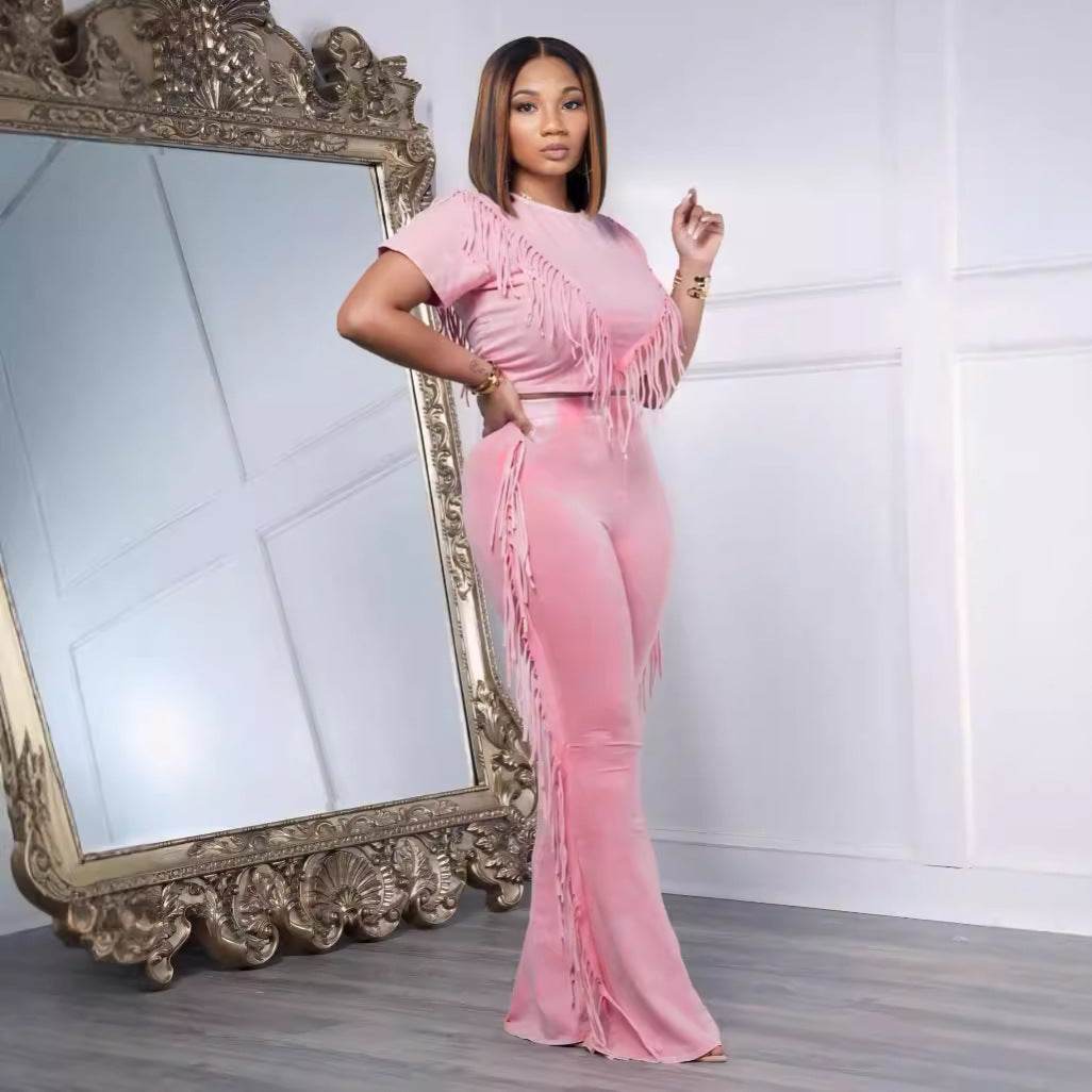 Buycenter Casual Tassel Top Wide Leg Pants Suit - Solid Color Set - Buy Center