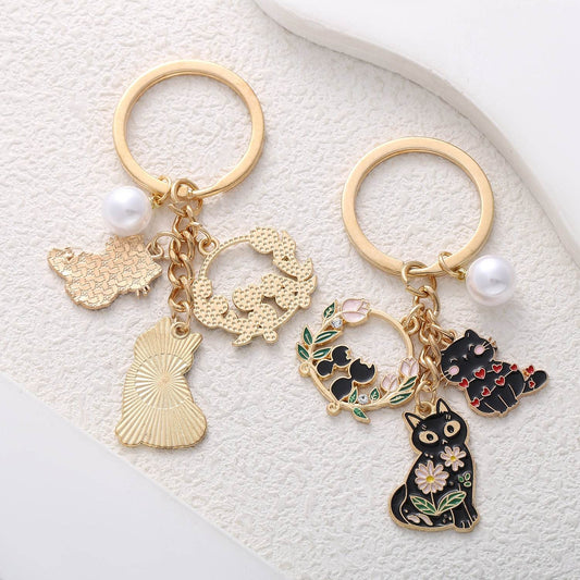 Cute Black Cat Wreath Pearl Keychain - Stylish Pendant for Cat Lovers - Buy Center