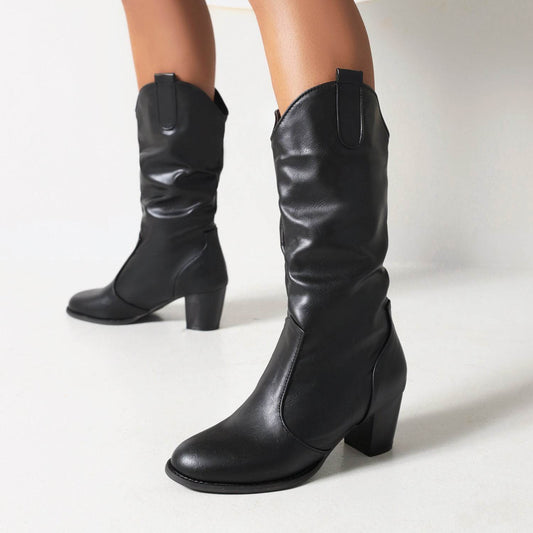 Women's Fashion Leather Boots - Mid-Calf, Chunky Heel Comfort for 2025 - Buy Center