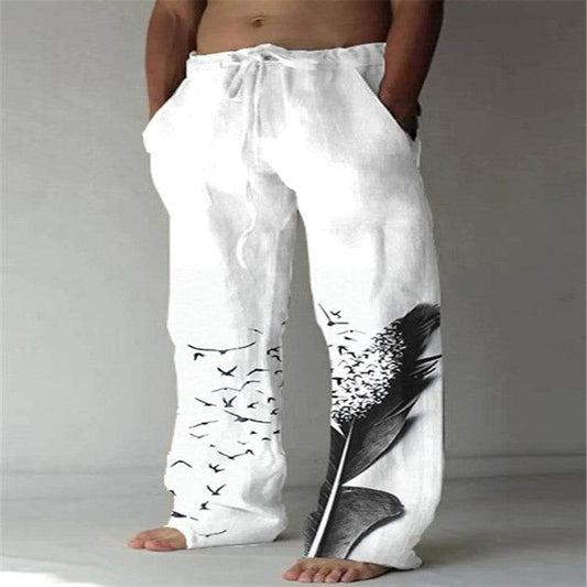Men's Cotton Linen Printed Drawstring Trousers - Stylish Comfortable Fit - Buy Center