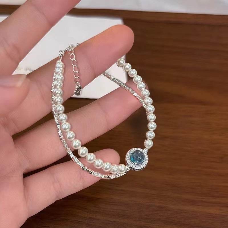 Buycenter S925 Sterling Silver Aquamarine Pearl Bracelet for Women - Buy Center