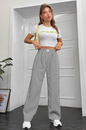Women's High Waist Striped Wide Leg Pants - Casual Cotton Trousers 2025 - Buy Center