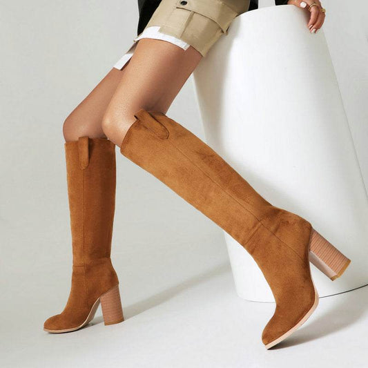 Buycenter Long Suede Boots for Women - Chunky Heel, Round Toe Style - Buy Center
