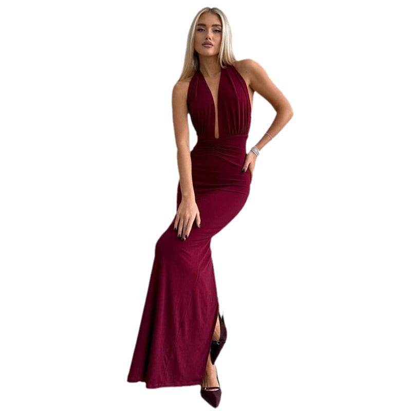 Buycenter Women's V-neck Halter Dress - Backless High Waist Style - Buy Center