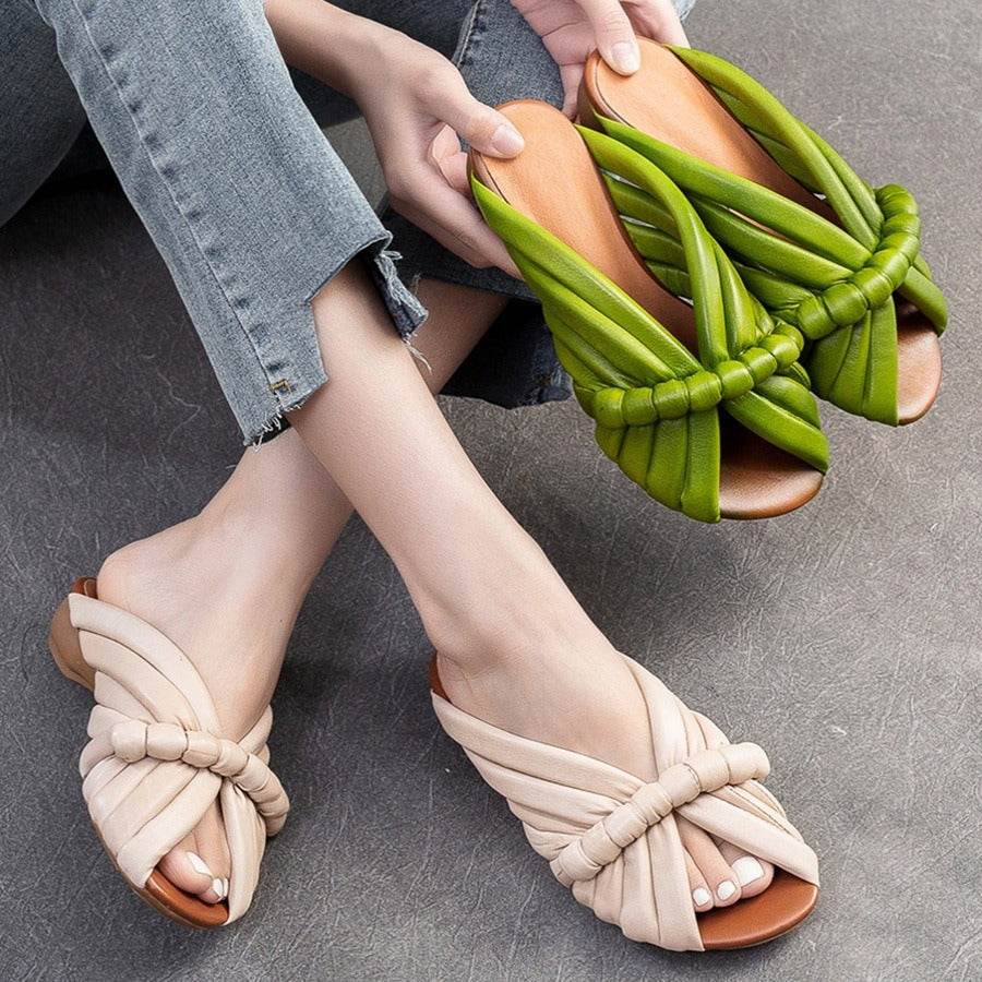 Women's Genuine Leather Flat Slippers - Trendy Single Strap Slide Style - Buy Center