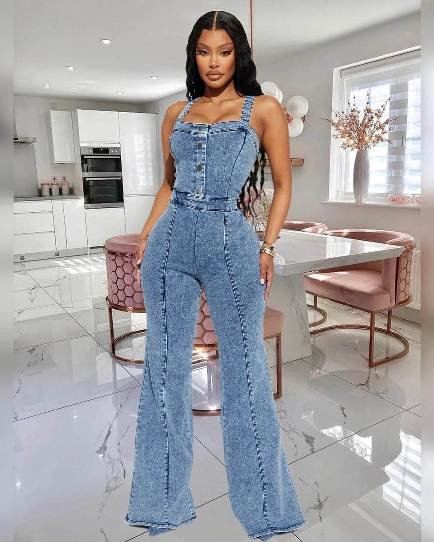 Women’s Sexy Flare Jeans Rompers - Square Collar Ankle-Length Overalls - Buy Center
