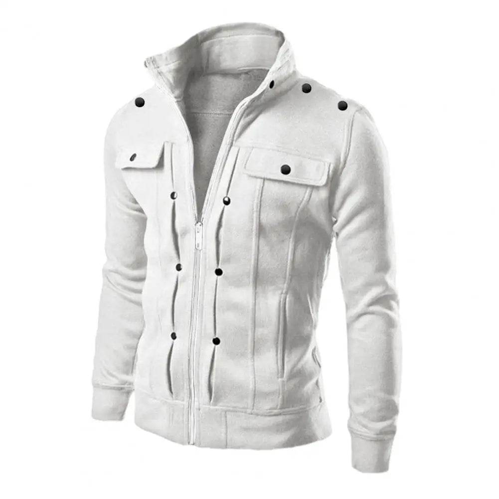Men's Solid Color Stand Collar Jacket - Casual Zipper Closure Outerwear - Buy Center