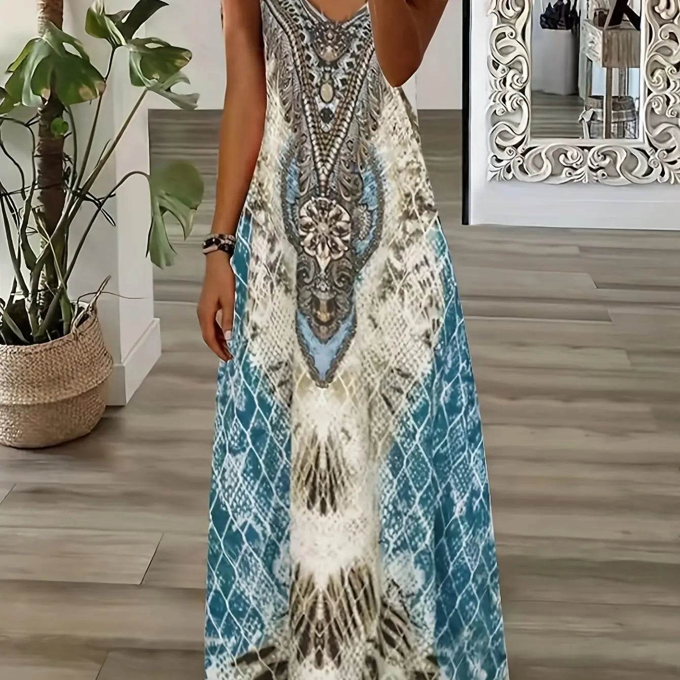 Summer Sleeveless Beach Dress - Geometric Print, Loose Fit for Women - Buy Center