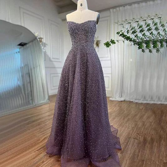 SERENE HILL A-Line Strapless Beaded Evening Dress - Purple Luxury - Buy Center
