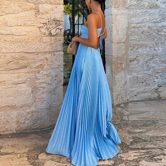 ELSVIOSE Blue High Waist Pleated Dress - Sexy Halter Sleeveless Summer - Buy Center
