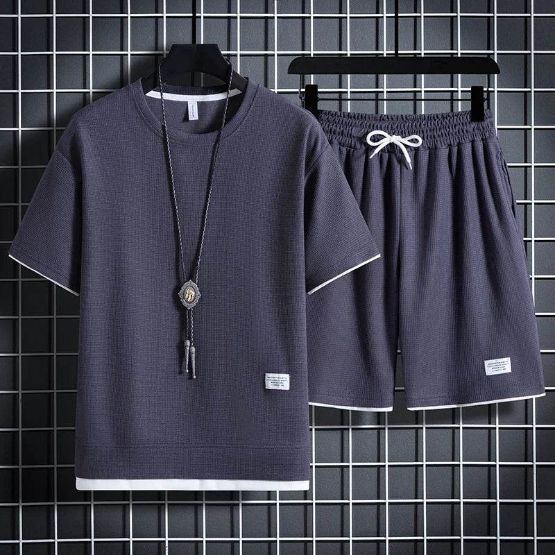 Summer Men's Waffle Set - Casual T-Shirt and Shorts Tracksuit - Buy Center