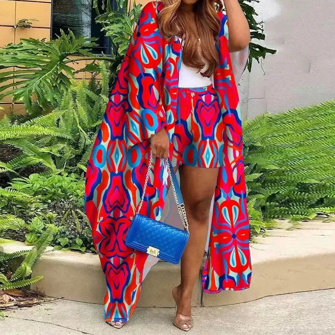 Kalenmos Women's Abstract Print Batwing Sleeve Cardigan & Shorts Set - Buy Center