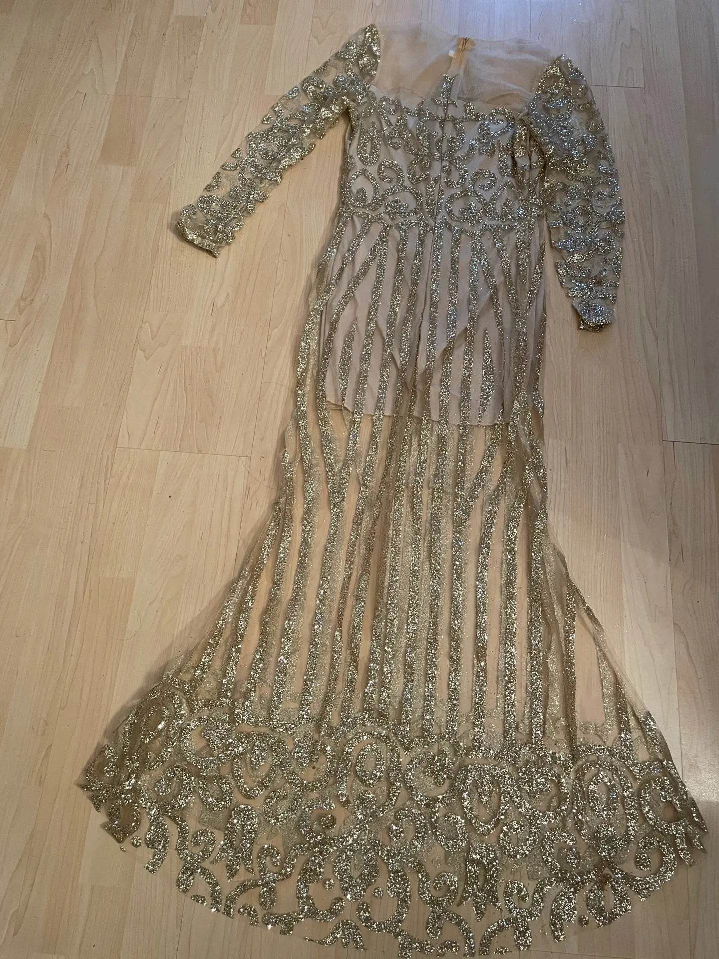 Avalokite Shiny Sequin Long Sleeve Golden Maxi Dress for Weddings - Buy Center