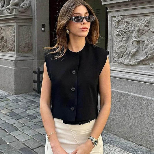 TRAFCN Women's Black O-Neck Sleeveless Vest - Casual Office Style - Buy Center