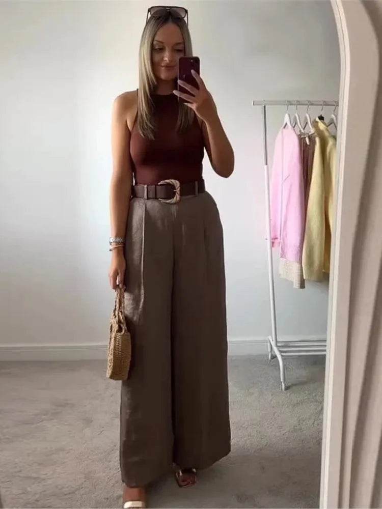 HipSeam Women's Satin Wide Leg Trousers - Casual Loose Fit Style - Buy Center