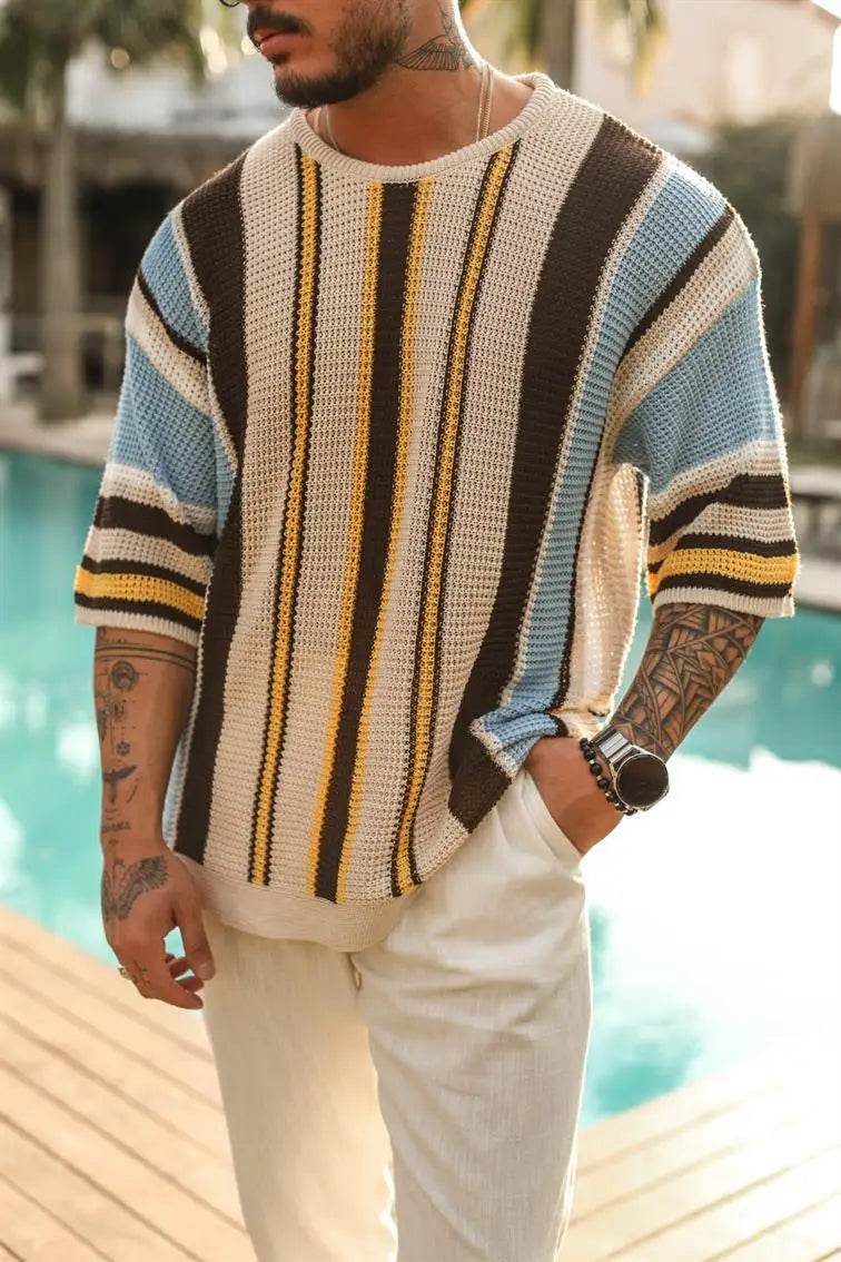 2024 Spring/summer Men Crewneck Fashion Hollowed-out Mid-sleeve Sweater Sweater Europe and America Men's Striped Sweater Summer - Buy Center