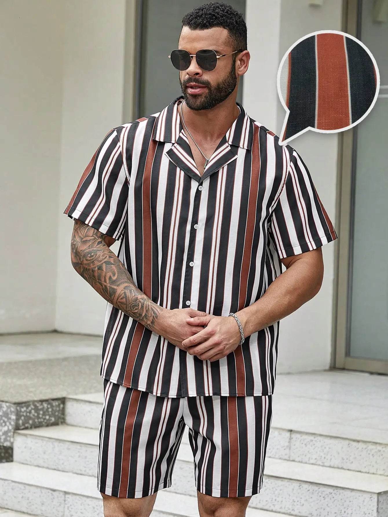 Men's Summer Stripe 3D Print Shirt & Drawstring Shorts Set - Buy Center