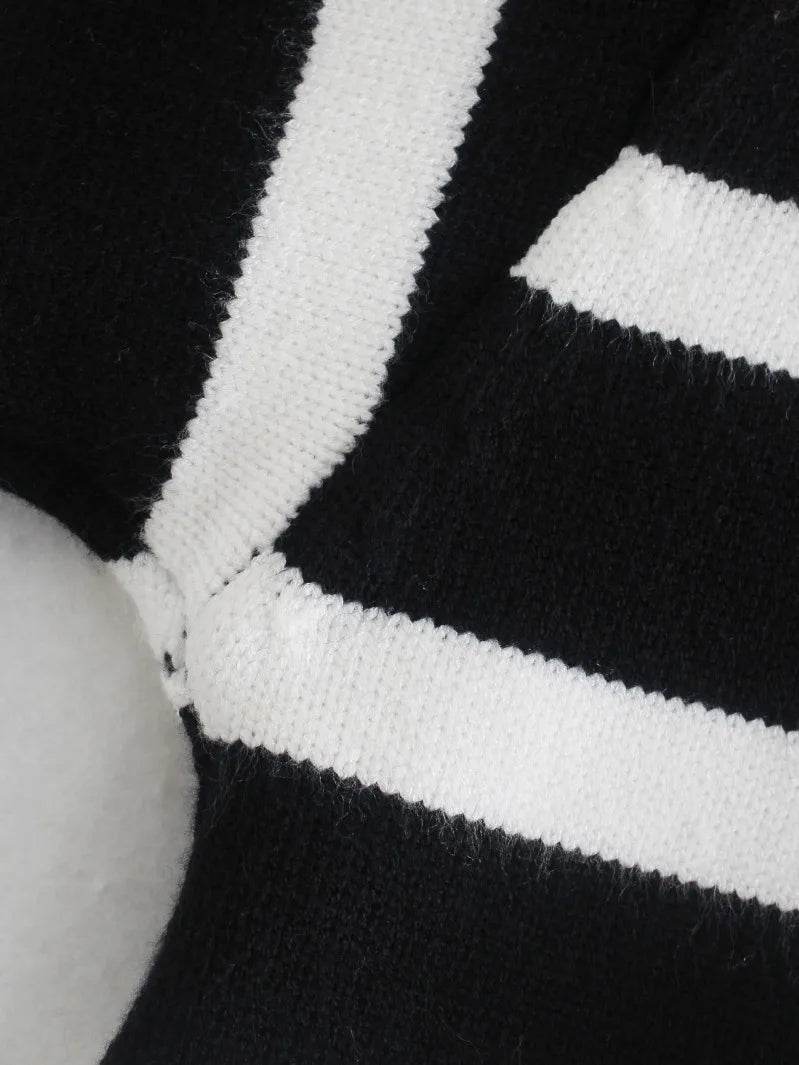 Jadoutin Women's Black and White Striped Turtleneck Sweater - Casual & Loose - Buy Center